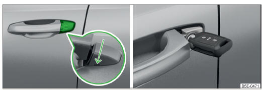 Rys. 208 Uchwyt w drzwiach kierowcy: zakryta wkładka zamka / wkładka zamka z kluczykiem